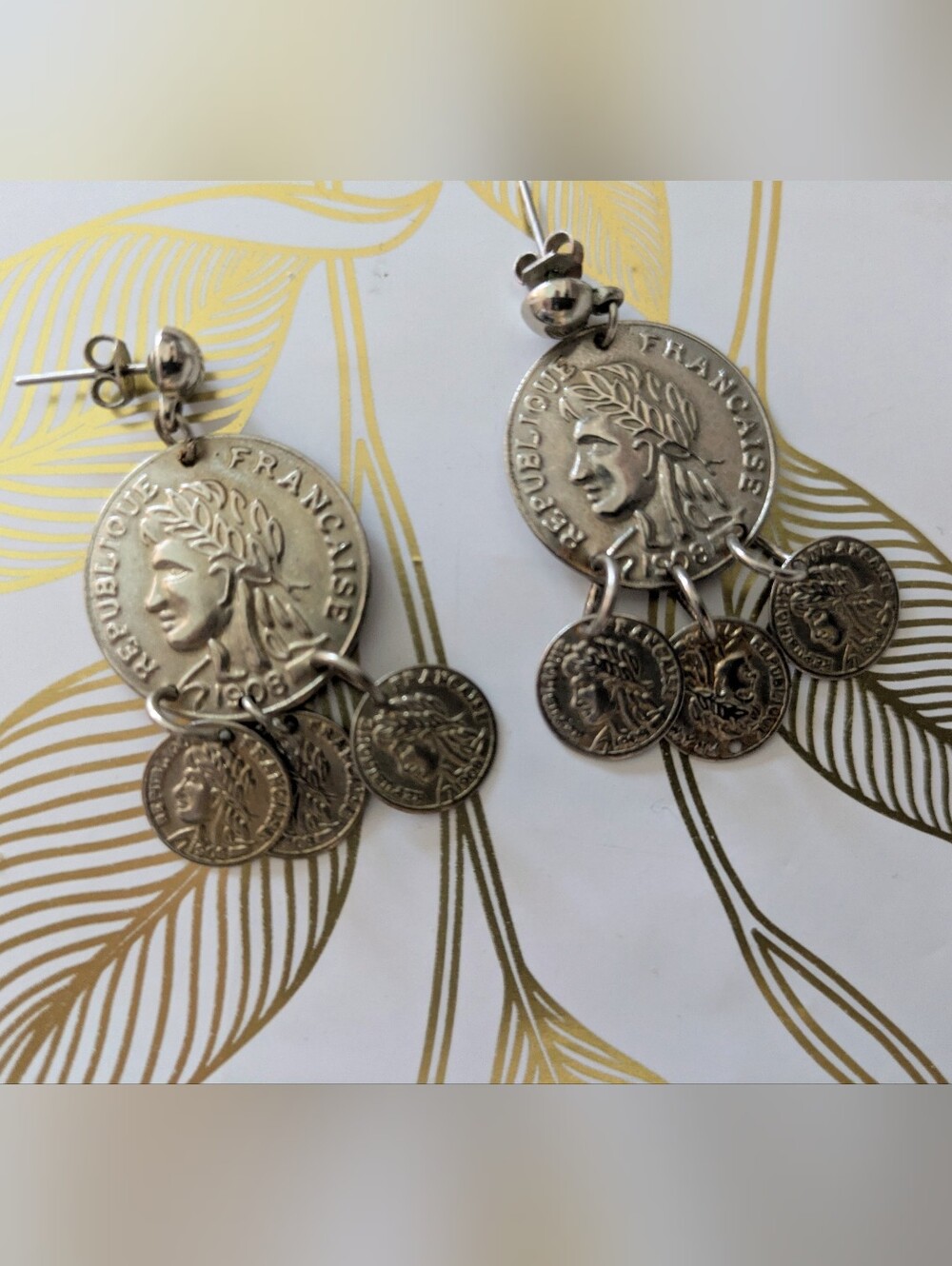 Cameo French Coin Design Dangle Earrings